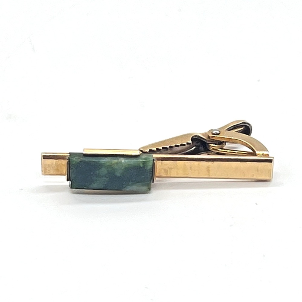 Vintage Krementz 14K Gold Overlay Tie Bar Genuine Wyoming Jade Signed w/Box